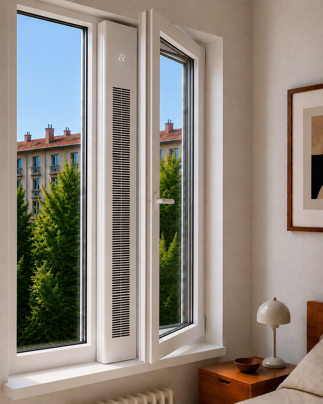 Coolumn im Dreh-Kipp-Fenster eines Schlafzimmers